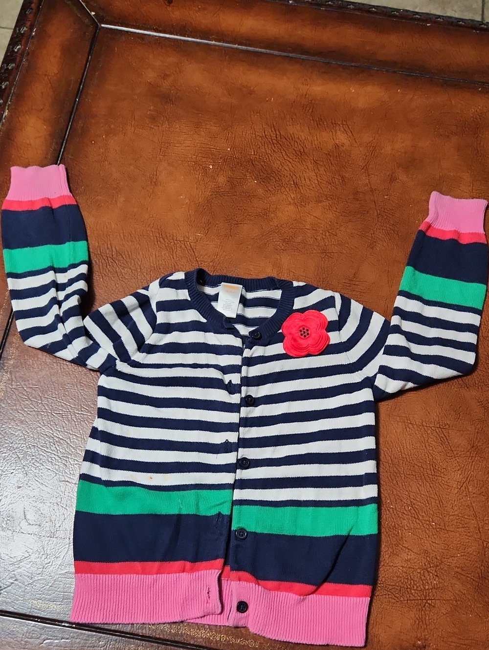 Gymboree Navy White Striped Cardigan with Pink Flower Accent Sweater
